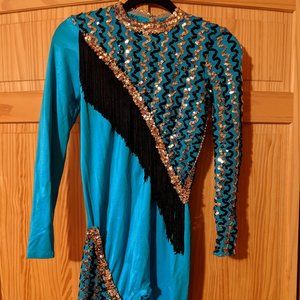 Handmade turquoise/gold/black sequined ice skating/dance jumpsuit with tassels